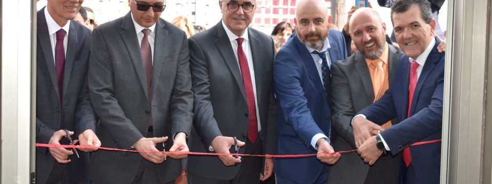 Leaders get ready to cut the ribbon to the new church. From left to right, Mario Martinelli, Barna Magyarosi, Erton Köhler, Sergio Mato, Oscar López, and Sergio Martorell. [Photo: Marcos Paseggi, Adventist Review]