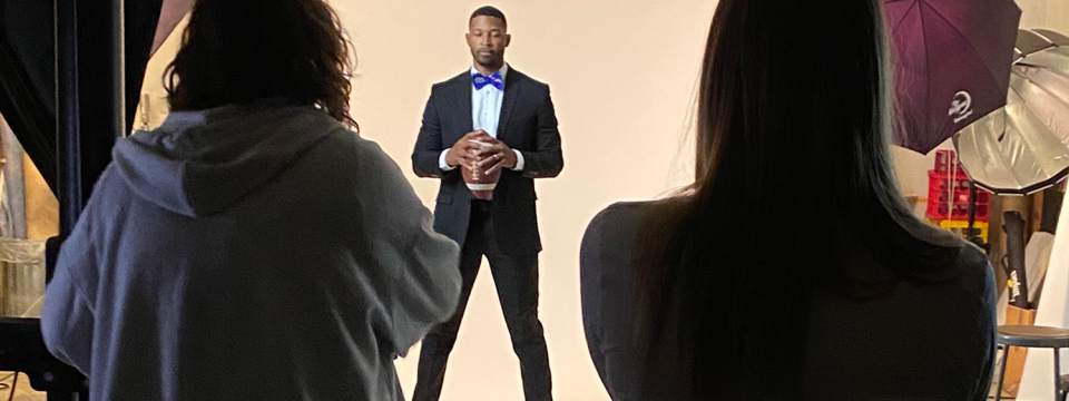 Jeremi Powell poses for the Envision cover photoshoot. The magazine was recently awarded a 2023 Pacemaker Award from the Associated Collegiate Press. [Photo: Diane Myers]